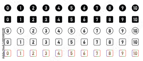 Stylish Numbers 0 to 10 Icon Set with Round and Square Outline Frames.