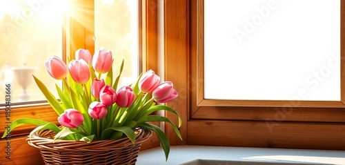 Sunlight streams onto pink tulips in a wicker basket on a windowsill beside a blank wooden frame,  fresh,  wood