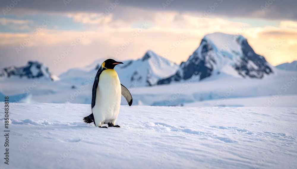 Fototapeta premium A solitary penguin stands on a snowy expanse against a backdrop of majestic mountains and a softly lit, pastel sky