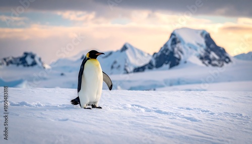 A solitary penguin stands on a snowy expanse against a backdrop of majestic mountains and a softly lit, pastel sky