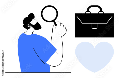 Employment opportunities, career exploration, professional goals, job applications, recruitment, self-improvement. A man examines with a magnifying glass, briefcase and heart symbol. Employment