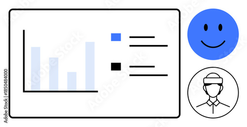 Data analysis. Bar chart information trends with user feedback and virtual reality icons enhancing data visualization. Data analysis supports decision-making, productivity, innovation, and digital
