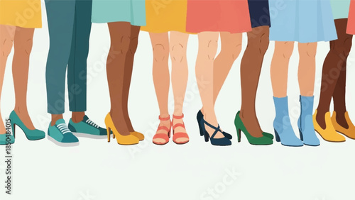 A diverse group of women stands in a line, showcasing their individual styles through footwear