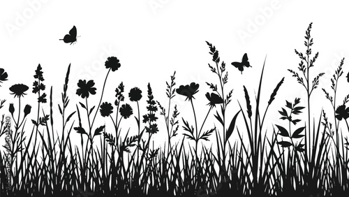 Black and white silhouette of a meadow with wildflowers, grass, and butterflies under a clear sky