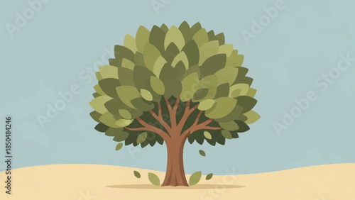 Illustration of a large deciduous tree with green leaves and falling leaves on a sandy background with a light blue sky