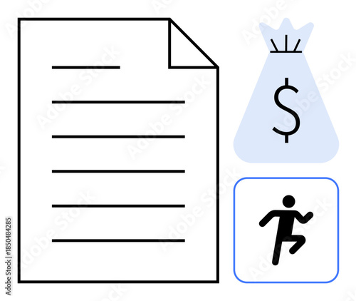 Document symbol accompanied by a money bag icon and running person figure denoting financial transactions, agreements, urgency, business goals, income, and legal processes. Ideal for finance