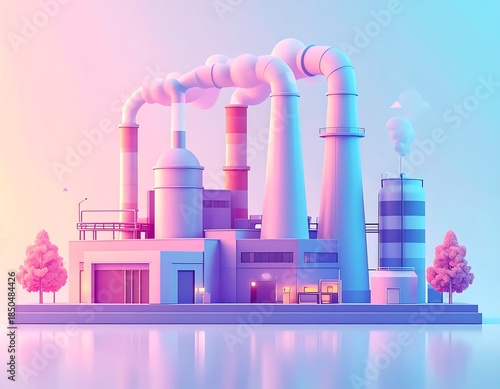 A stylized industrial facility emits smoke. The illustration uses pastel colors with reflections, depicting smokestacks and structures