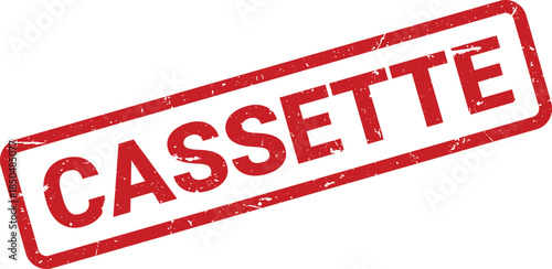 Distressed Red Cassette Word Stamp on White Background with Grunge Texture Effect