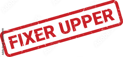Red Fixer Upper Rubber Stamp on White Background, Angled View, Texture and Wear Evident