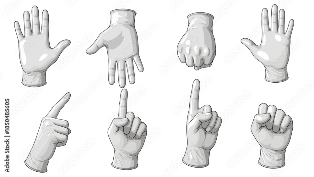 Fototapeta premium Dynamic collection of cartoon-style gloved hands performing diverse gestures and communication signals, isolated on a stark black background