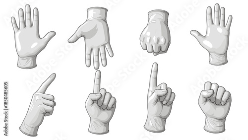 Dynamic collection of cartoon-style gloved hands performing diverse gestures and communication signals, isolated on a stark black background