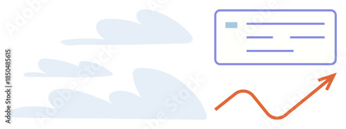 Abstract cloud shapes, document format block, and upward arrow. Ideal for data growth, business success, strategy, analytics, teamwork efficiency innovation. Simple flat metaphor