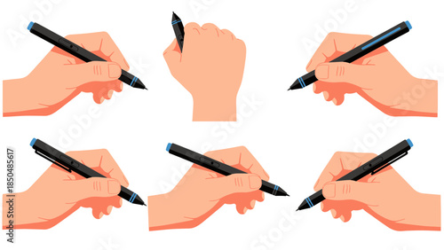 Diverse human hands gripping digital pens, illustrating various writing and drawing postures for creative expression and skill development