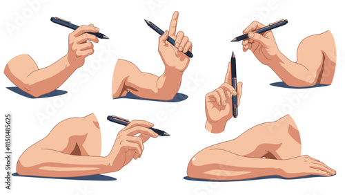 Illustrated hands and arms holding a digital stylus, demonstrating gestures for digital art and graphic design.