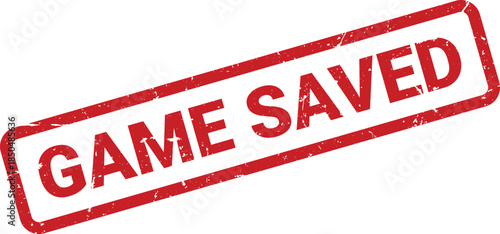 Red Game Saved Stamp with Grunge Texture, Angled on White Background Represents Progress Retention