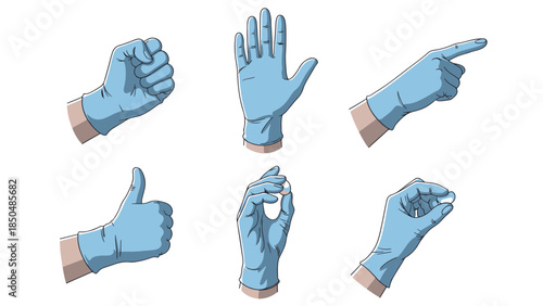 Diverse set of illustrated hands in blue protective gloves demonstrating multiple gestures and communication signals for health and safety concepts