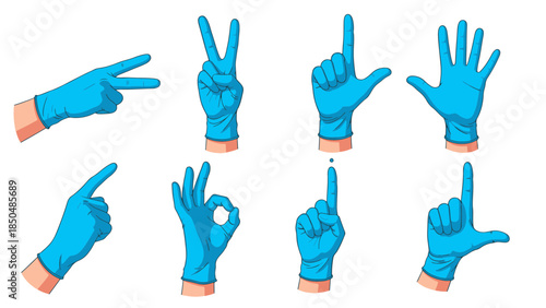 Set of diverse gloved hands showing various gestures, representing safety, hygiene, and communication protocols