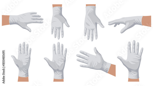 Collection of illustrated hands in white protective gloves, showcasing diverse gestures for safety and hygiene concepts.
