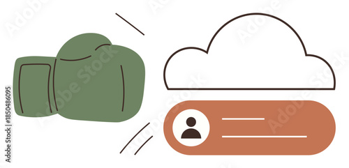 Green boxing glove striking a user profile icon below a minimalist cloud, symbolizing cyber threats, privacy, conflict, strength, security, vulnerability. Ideal for risk, protection simple flat