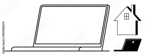 Remote work, telecommuting, technology, digital connectivity, home office, virtual workspace. Minimalist black and white design a laptop next to a house icon. Remote work and telecommuting