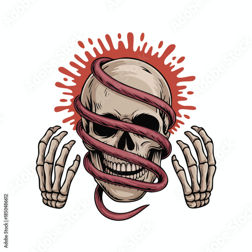 Illustration of a wrapped skull with skeletal hands.