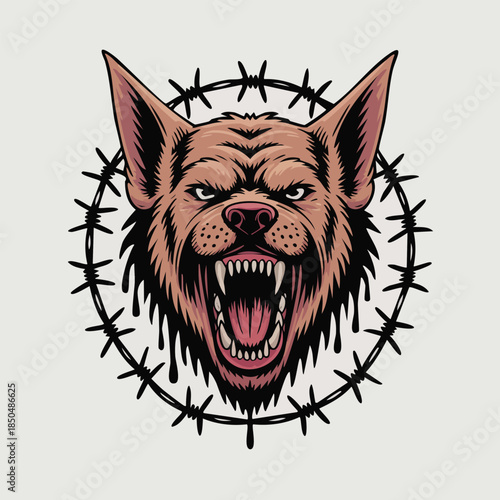 Aggressive snarling dog head portrait close up.