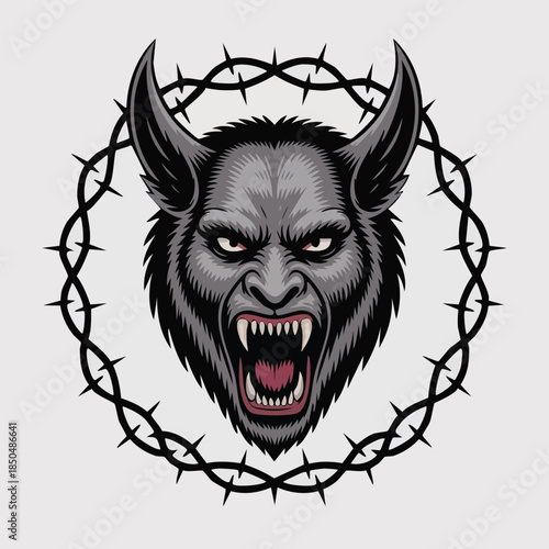 Aggressive snarling wolf head encircled by barbed wire.