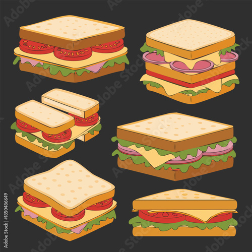 Assorted sandwiches collection with multiple stacked sandwiches.