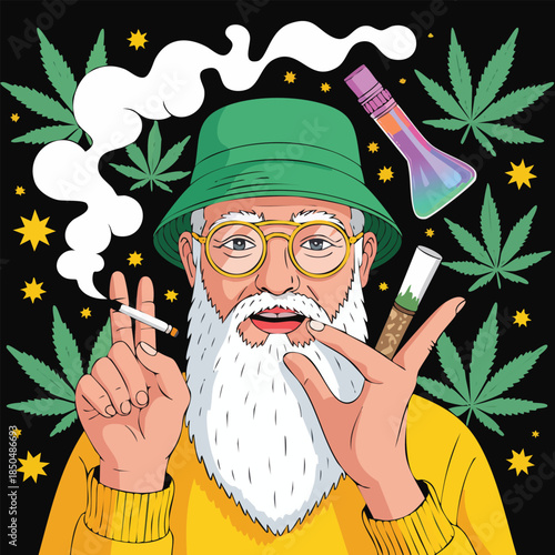 Cartoon Elderly Bearded Man Smoking a Joint.