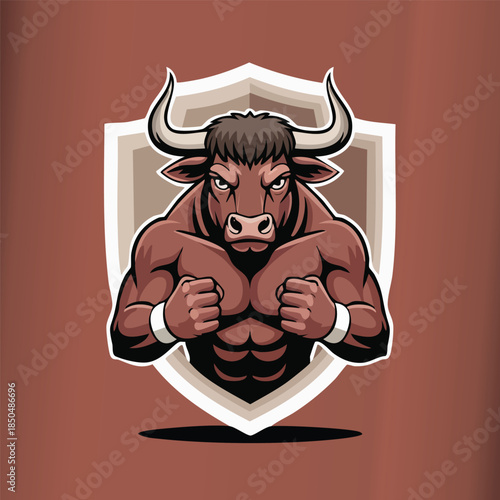 Cartoon muscular bull warrior posing with fists.