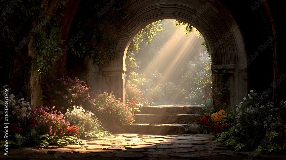 Fototapeta premium Enchanted Garden Gate - A Portal to Serenity and Light.