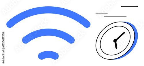 Communication, technology, time management, efficiency, productivity, innovation. Blue wireless signal next to a clock icon with motion lines. Communication and time management ideas illustrated