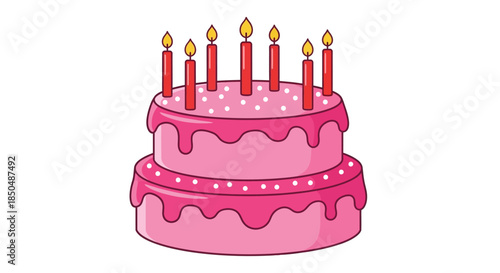 Festive pink birthday cake with seven lit candles and dripping icing celebration cake for special
