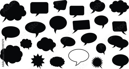 Black speech bubbles collection, comic dialogue balloons set, chat message icons, communication symbols, empty talk clouds, vector illustration, isolated on white background