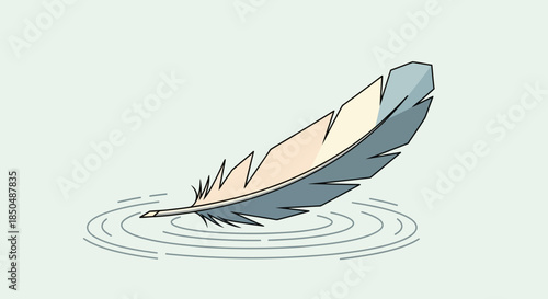 Illustration of a single feather floating on water with ripples in a minimalistic style