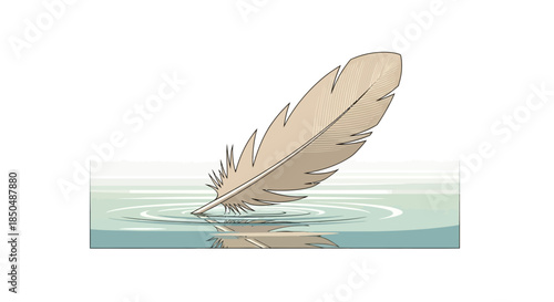 isolated feather floating on water surface with ripples calm nature scene minimalistic illustration