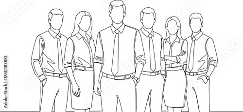 Business team illustration, professional office people, corporate teamwork concept, faceless employees, modern line art drawing, leadership group, company staff collaboration, outline style 