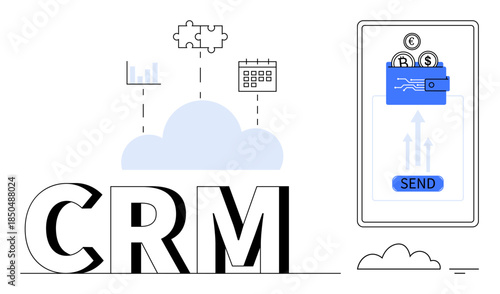 CRM concept. CRM tools integrated with cloud technology and mobile payment processes. CRM enhancing customer management, optimizing transactions and communication. For business, fintech, technology