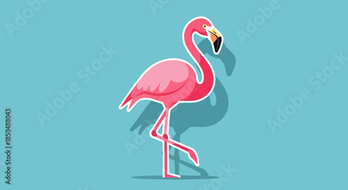 Minimalist Digital Illustration of a Pink Flamingo Standing on One Leg Against a Blue Background