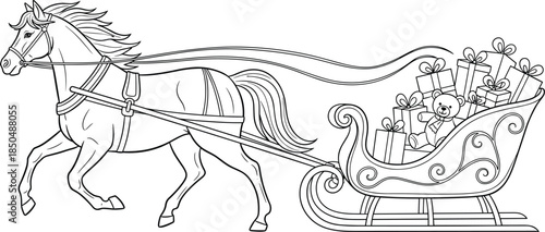 Christmas horse sleigh illustration, festive gift carriage line art, winter holiday transport design, Santa style sleigh, decorative outline drawing, seasonal vector artwork
