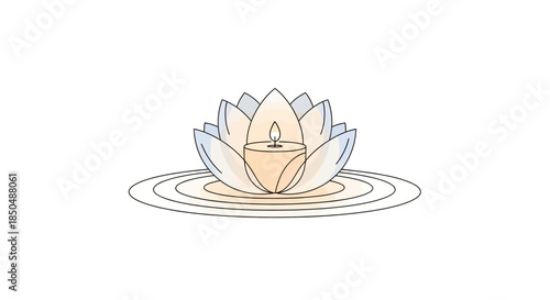 Minimalist Digital Illustration of a Lotus Flower Candle Floating on Water