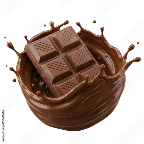 Dark chocolate bar with liquid chocolate splash isolated PNG on transparent background.