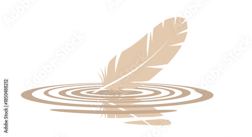 Minimalist Illustration of a Feather Falling into Water Creating Ripples in Soft Beige Tones