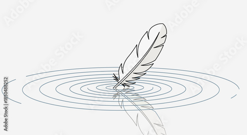 Minimalist Illustration of a Feather Falling into Water Creating Ripples