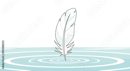 Minimalist Illustration of a Feather Falling into Water Creating Ripples