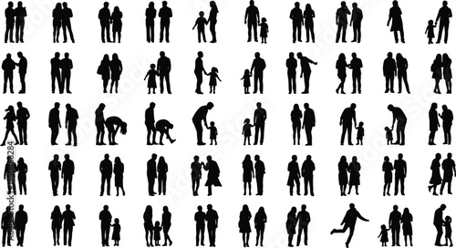Family silhouette collection showing parents children couples walking standing interacting people icons set isolated on white background for social lifestyle concepts design illustration bundle