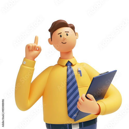 3D animated businessman character in yellow shirt with blue folder pointing gesture PNG.