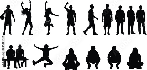 Human silhouettes, people poses, standing sitting jumping walking, male female figures, black shadow characters, daily activities, lifestyle concepts, isolated on white background