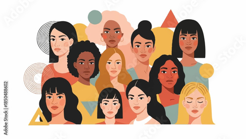 A diverse group of women with different complexions and hairstyles, illustrated in a modern, abstract style