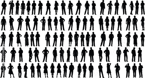 People silhouettes collection, diverse standing human figures, male female crowd poses, black shadow characters set, business casual posture, isolated white background